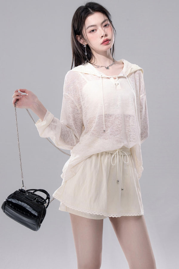 Sheer Lace Hoodie Knit Blouse Skirt Set
