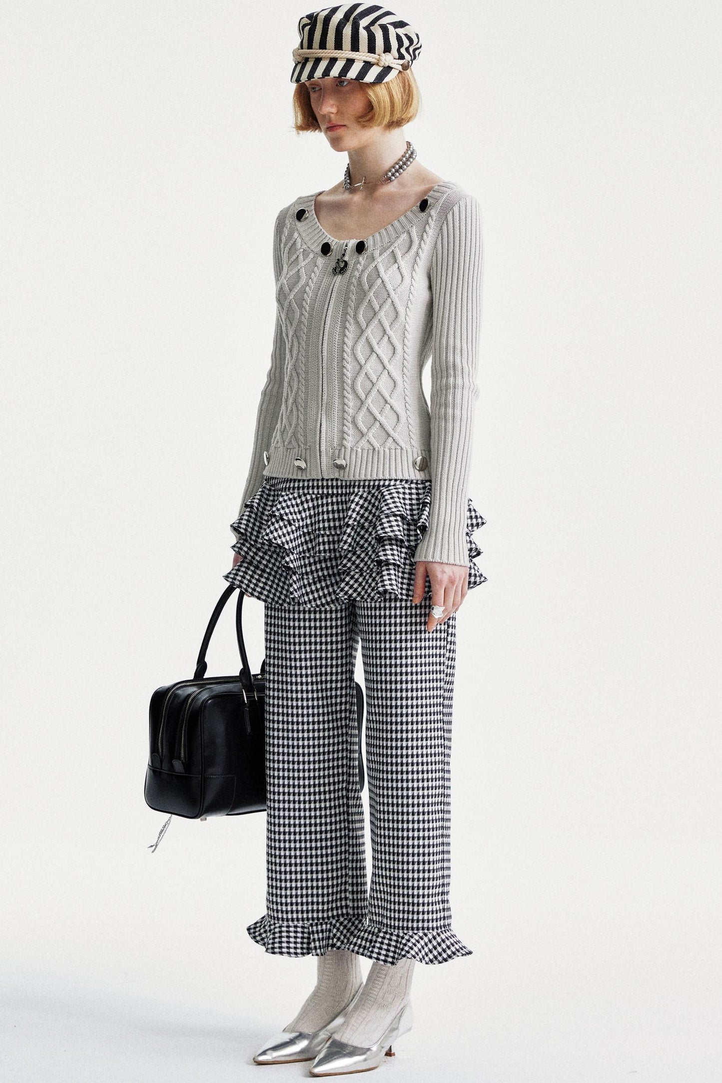 Lace Trim Checkered High Waist Pants