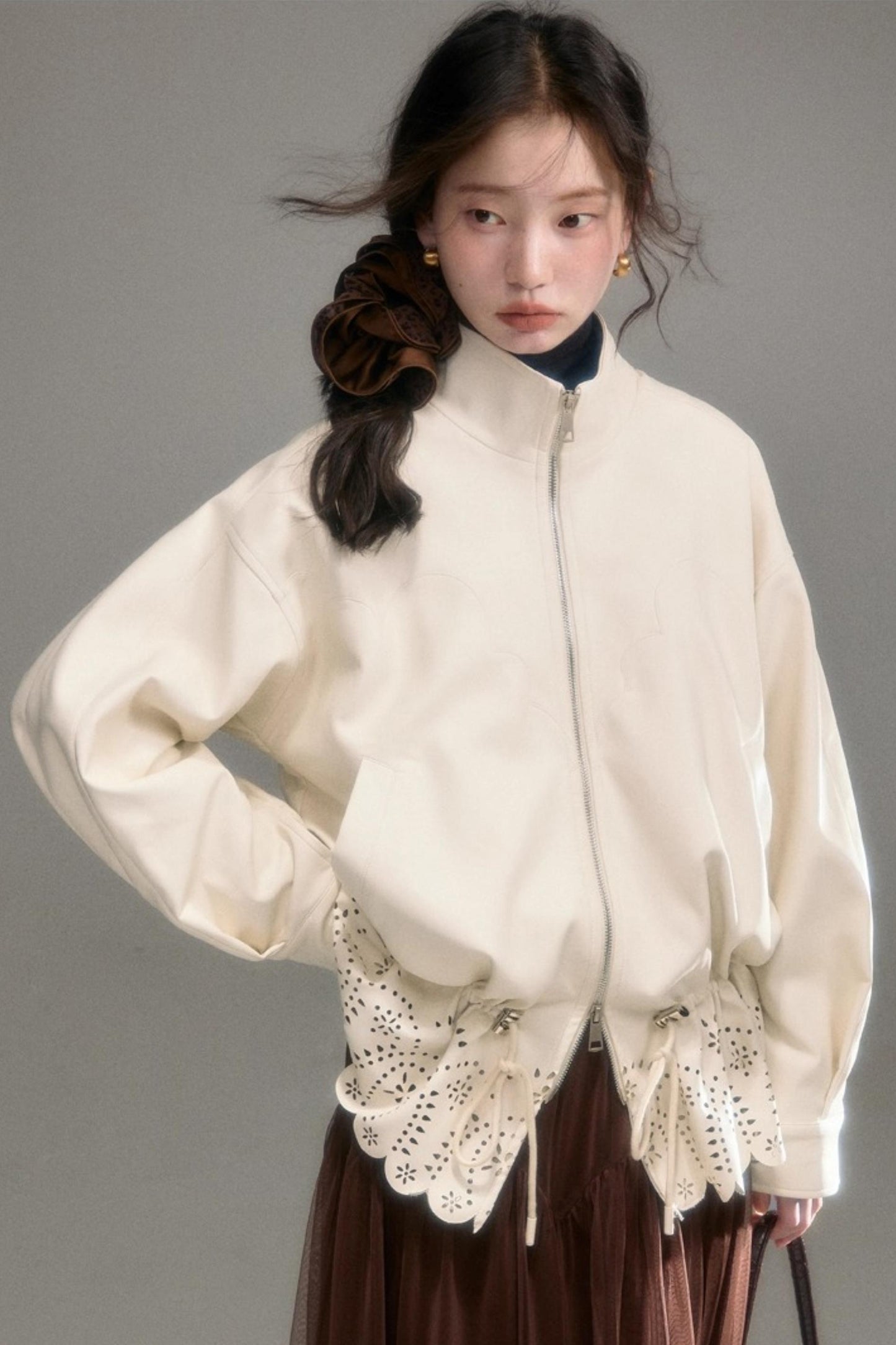 Hollow-Out Floral Leather Jacket