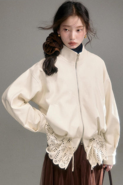 Hollow-Out Floral Leather Jacket