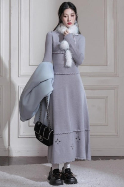 Cream Gray Lace Wool Dress
