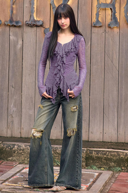 Retro Lace Detail Denim Jeans