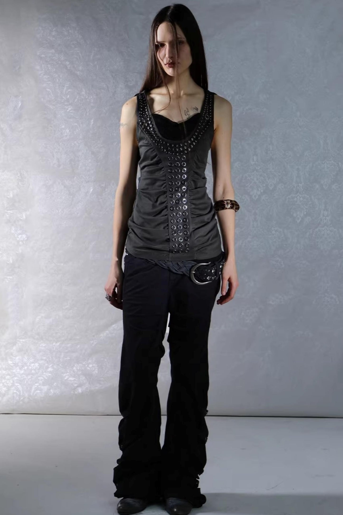 Metal Rivet Pleated Racerback Top