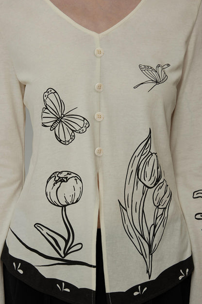 New Artistic Print V-Neck Knitwear