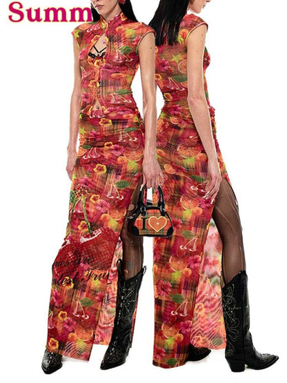 Summer Fruit Print Millennial Cheongsam Set