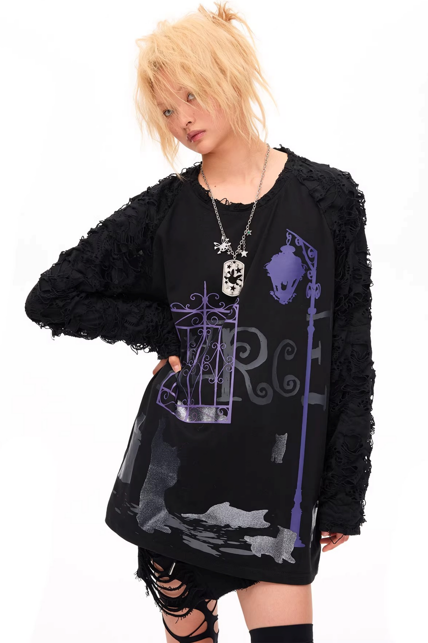 Dunkle-Nacht-Katzen-Print-Bluse