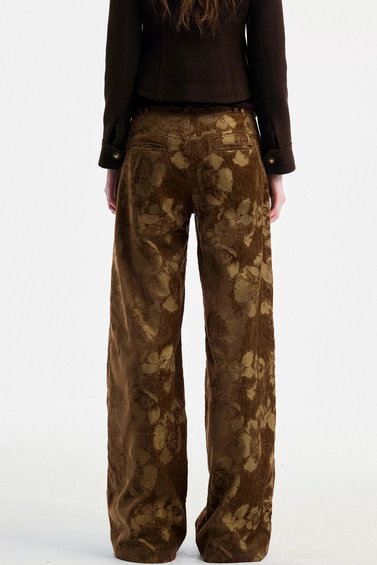 Brown Floral Jacquard Pants