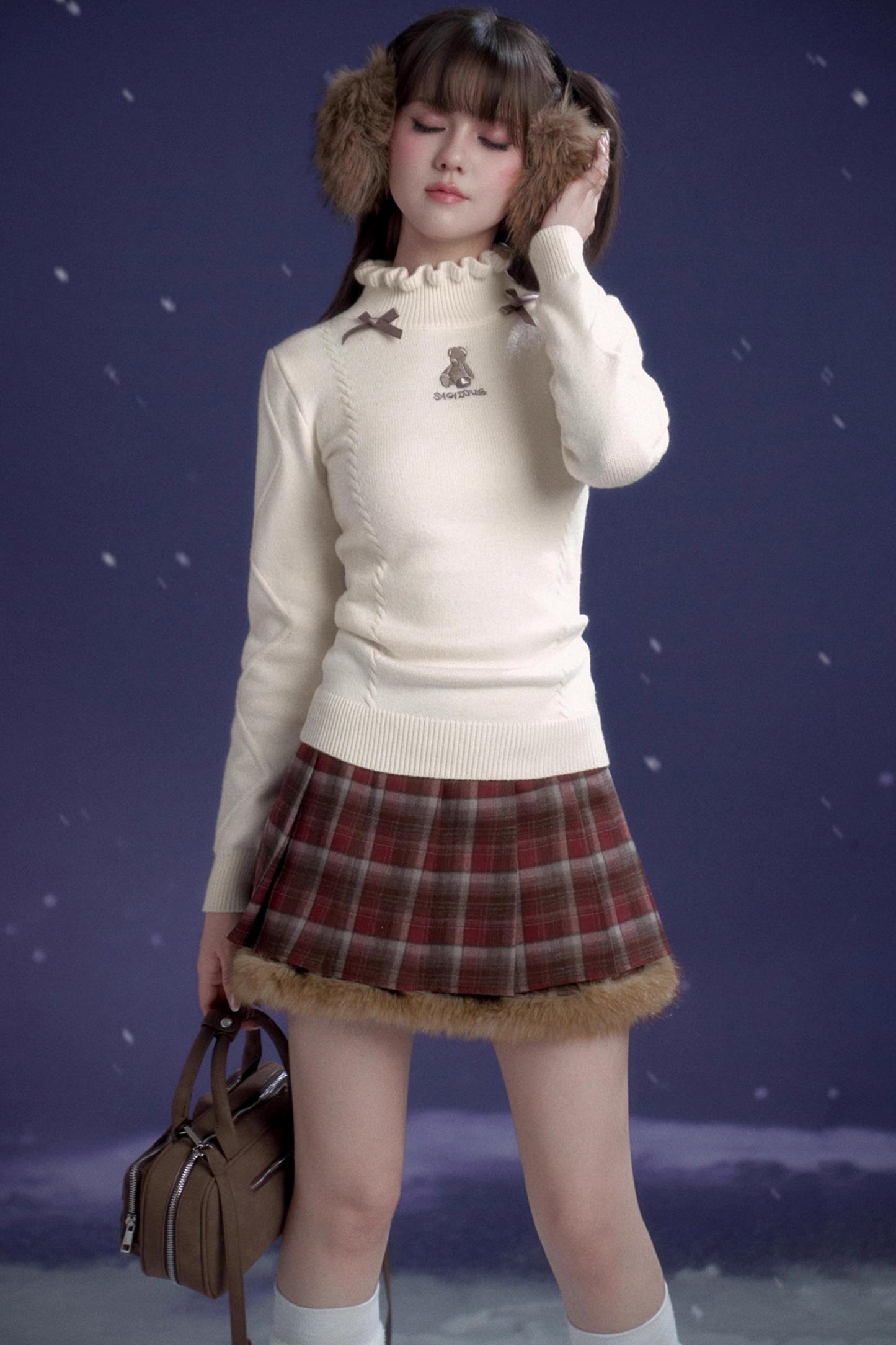 Sweet Red-Brown Plaid Skirt Set-Up