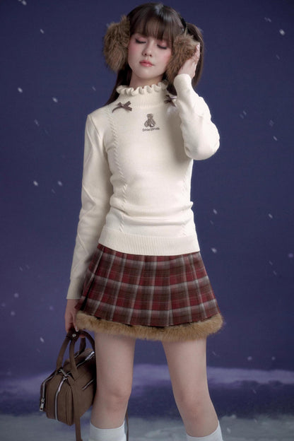 Sweet Red-Brown Plaid Skirt Set-Up