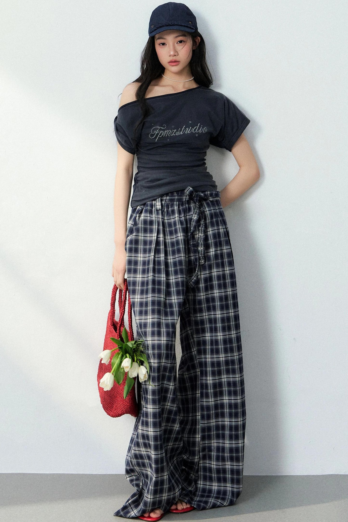 Asymmetrical Top and Plaid Pants Set-Up