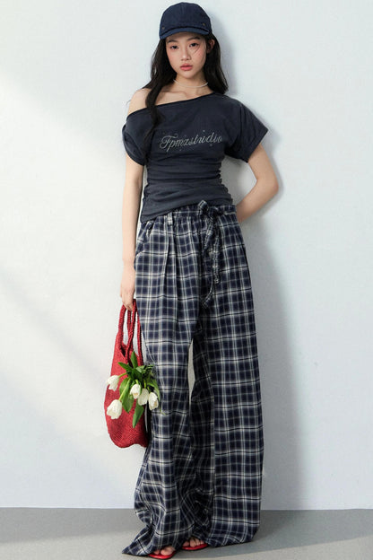 Asymmetrical Top and Plaid Pants Set-Up