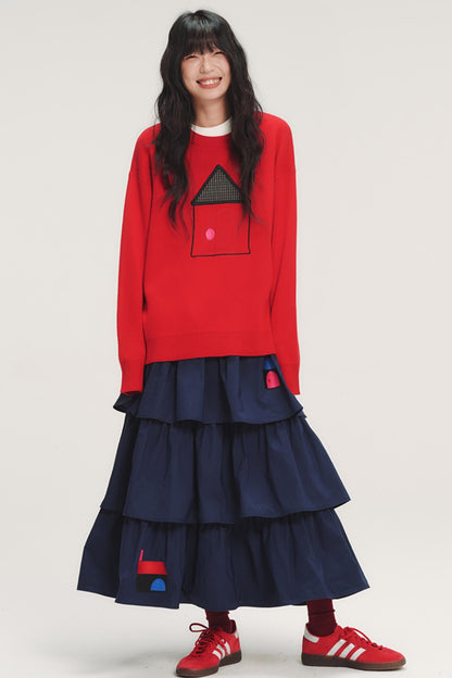 Color-Blocked Plaid Knit Top