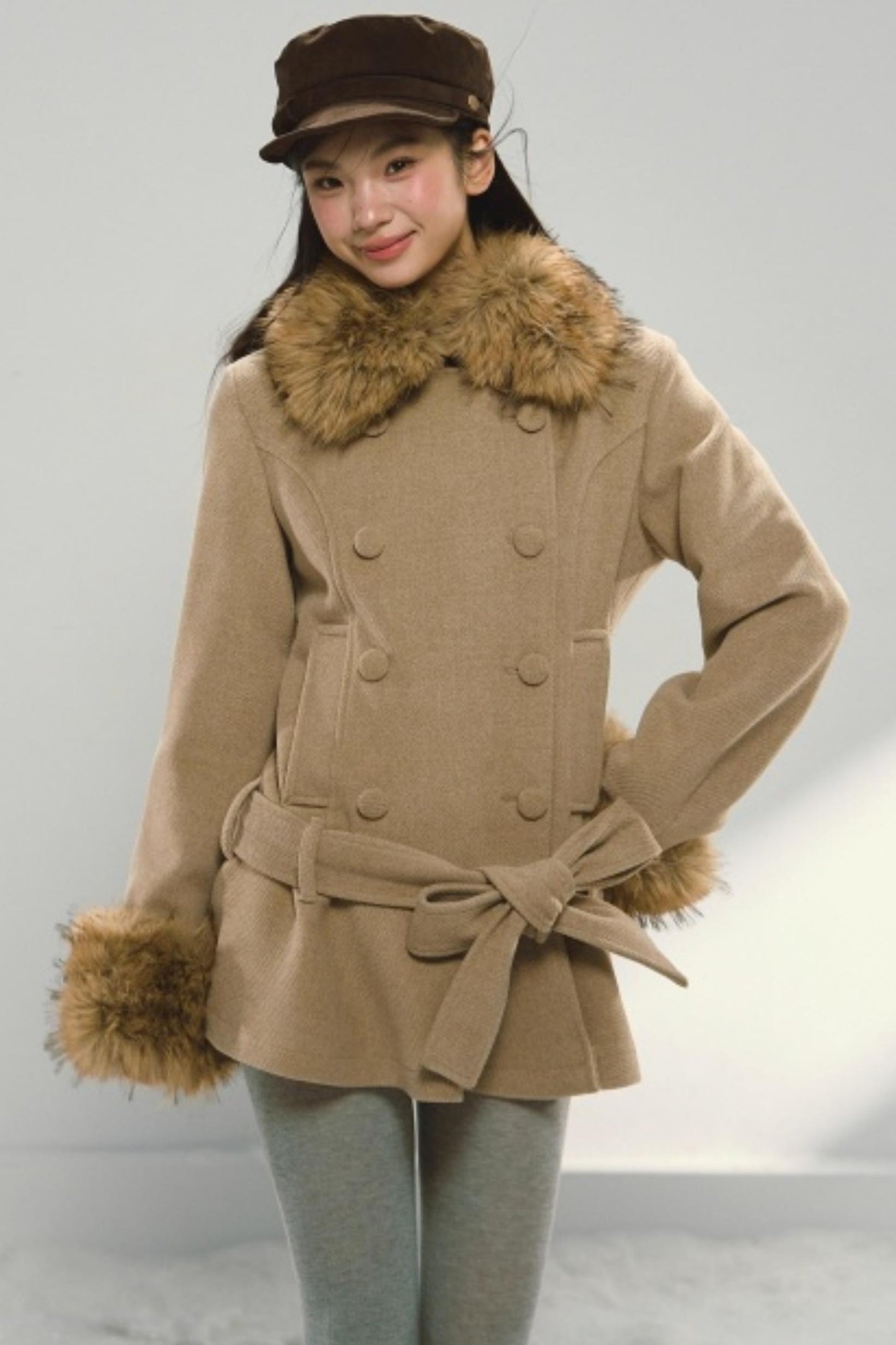Khaki Ruffled Woolen Coat