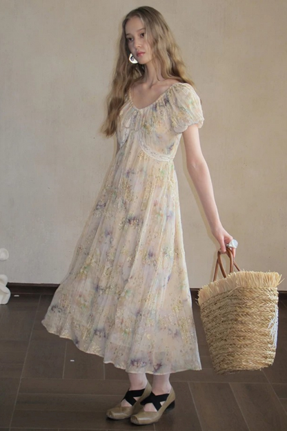 Embroidery Pleated Puff Sleeve Dress