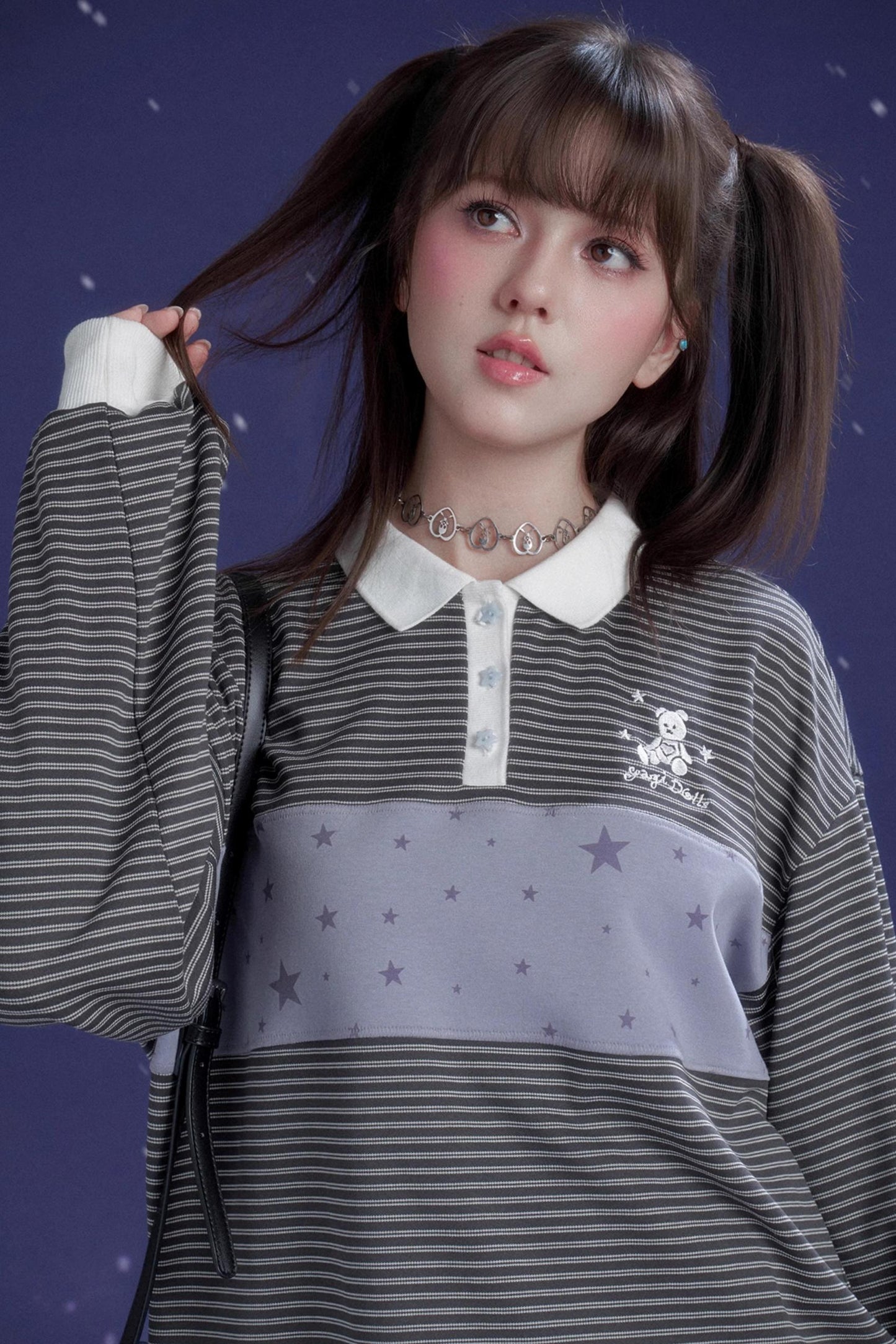 Gray-Purple Striped Polo Top