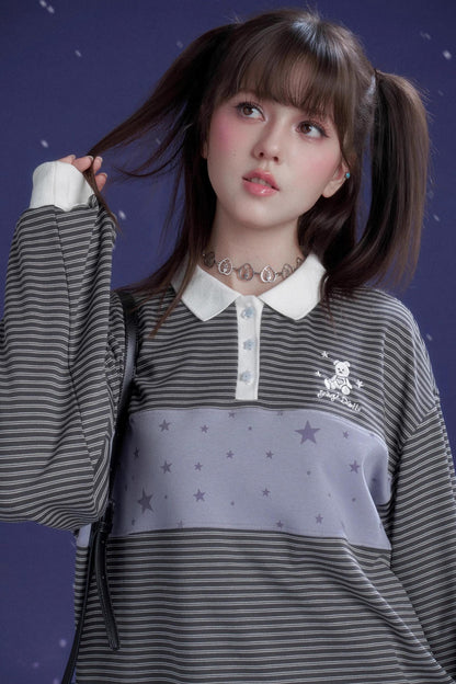 Gray-Purple Striped Polo Top