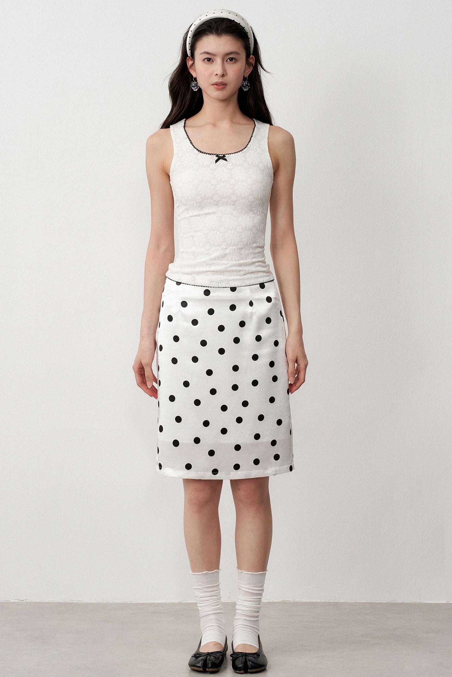 High-Support Satin Polka Dot Midi Skirt