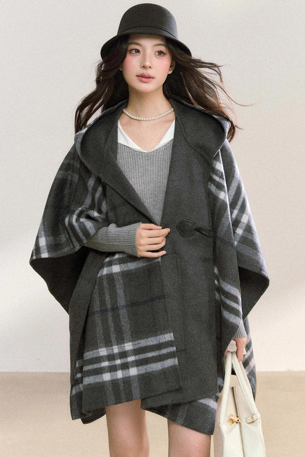 Gray Plaid Reversible Wool Cape Coat