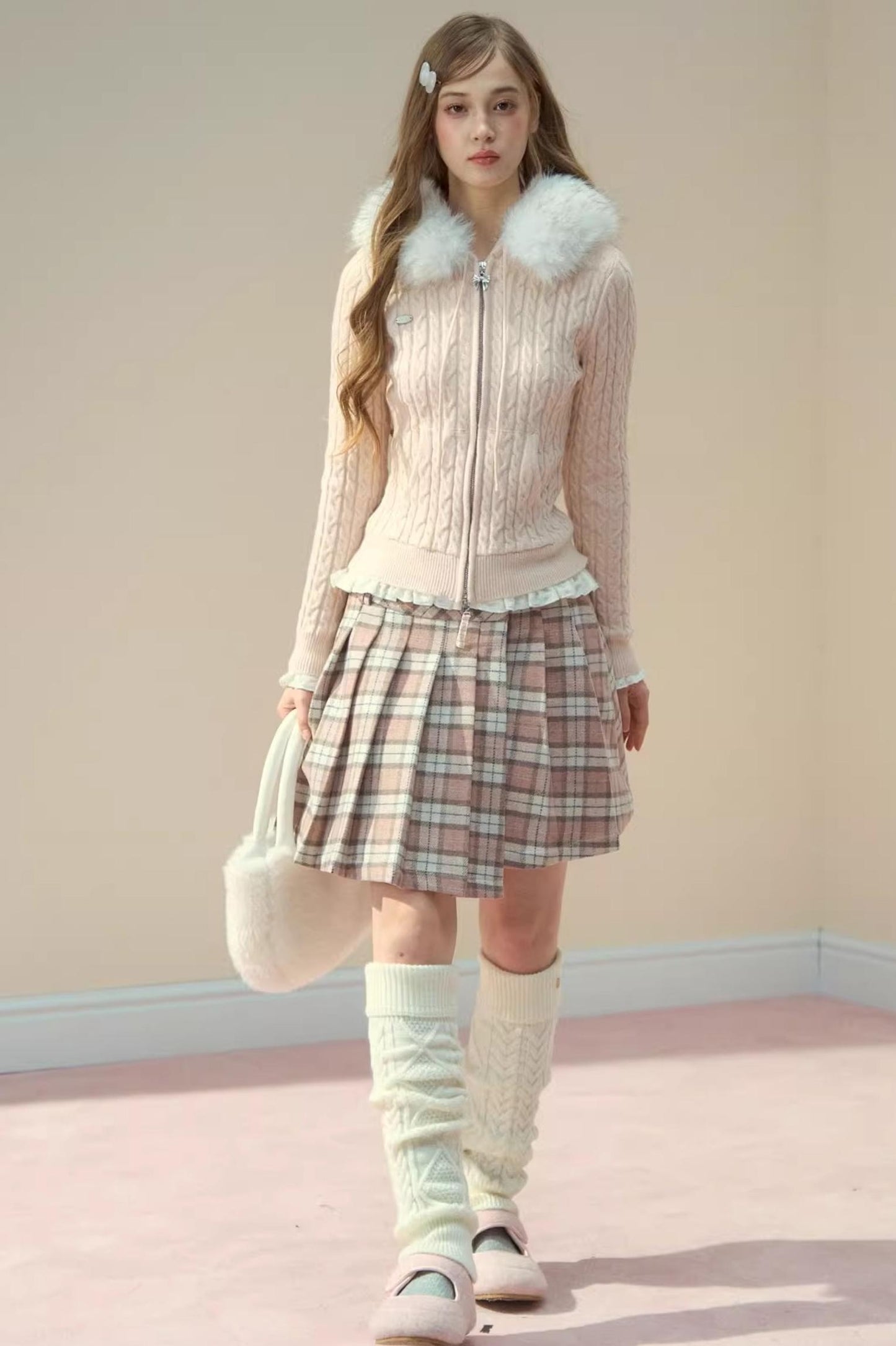 Fur Collar Detachable Knit Jacket