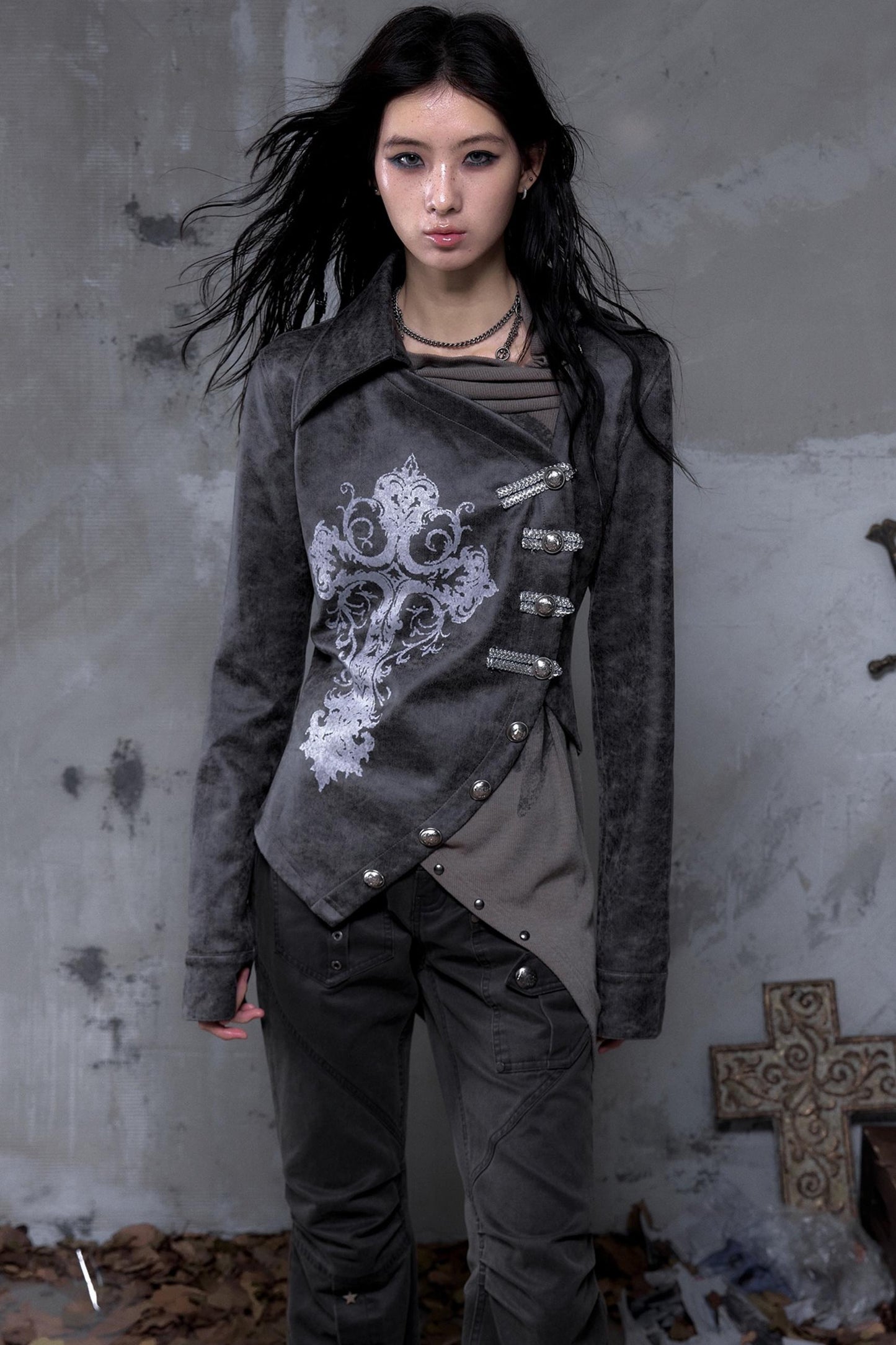 Vintage Slanted Placket Printed Leather Shirt