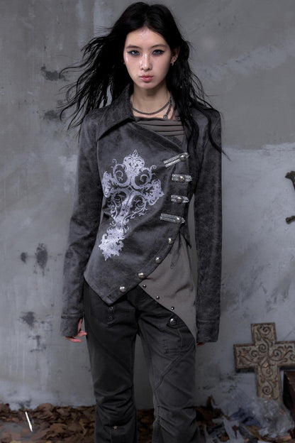 Vintage Slanted Placket Printed Leather Shirt