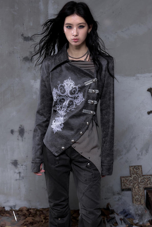 Vintage Slanted Placket Printed Leather Shirt