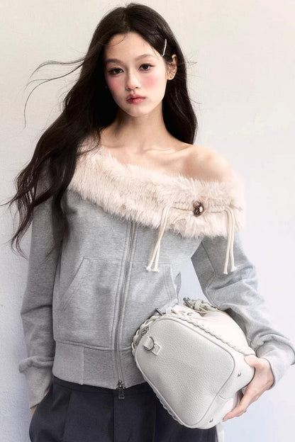 Mist Gray Off-Shoulder Fur Jacket