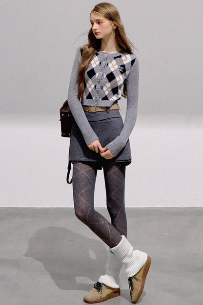 Vintage Diamond Plaid Knitted Cardigan