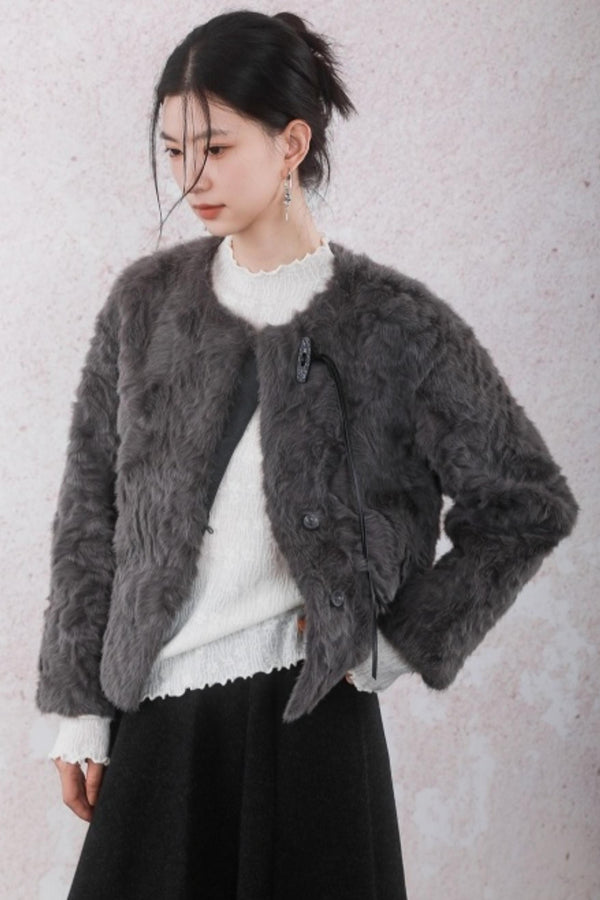 Elegant Gray-Brown Plush Jacket