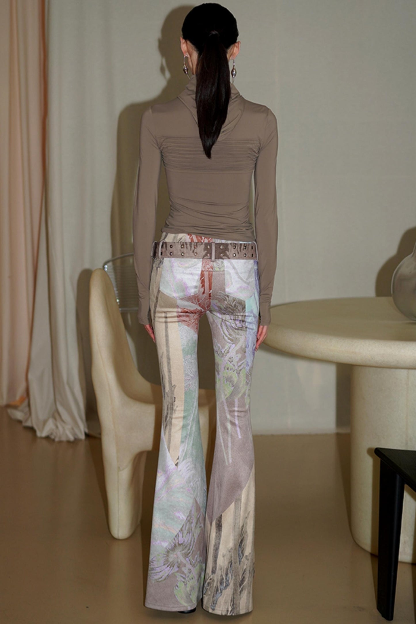 Vintage Print Suede Flared Pants