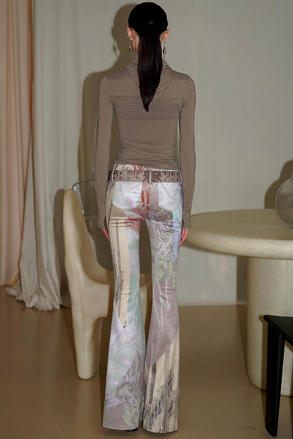 Vintage Print Suede Flared Pants