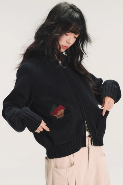 Hand-Painted Apple Embroidery Cardigan