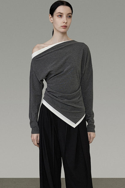 Diagonal Shoulder Two-Layer Knit Top