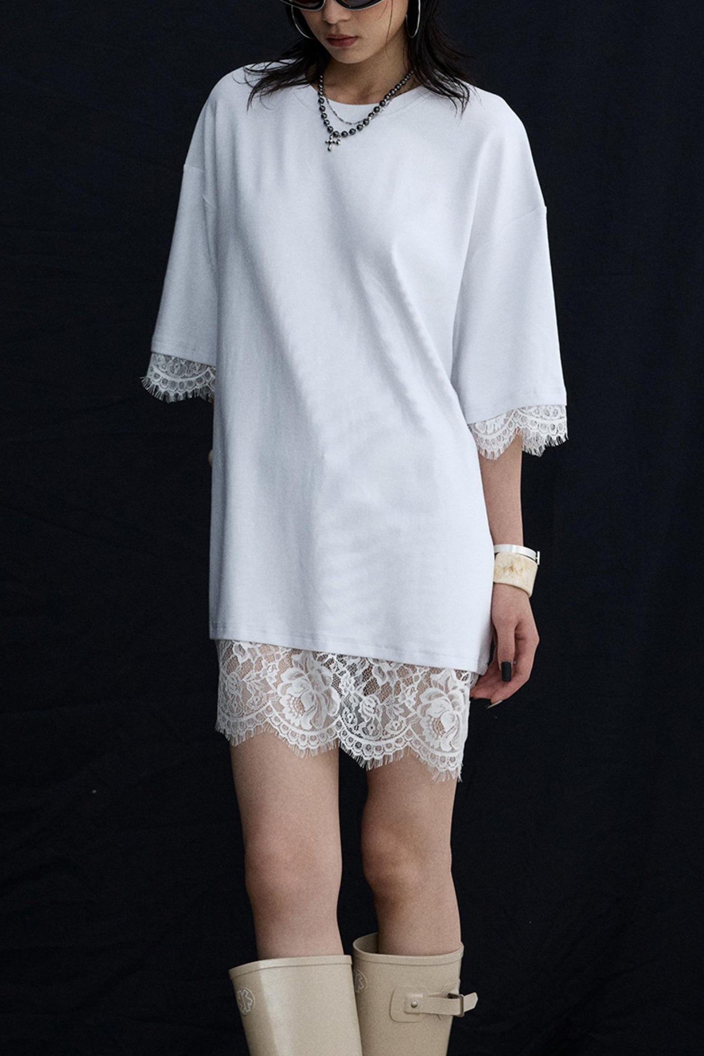 Patchwork Lace Crew Neck Long Top