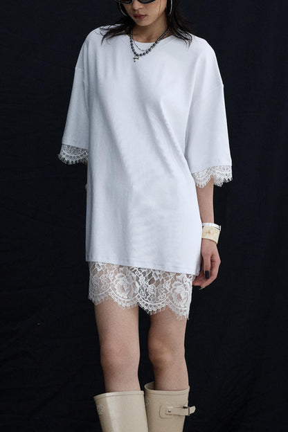 Patchwork Lace Crew Neck Long Top