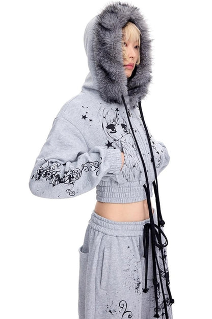 Graffiti Print Hooded Short Sweatshirt