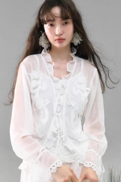 Autumn Lace-Up V-Neck Embroidered Shirt