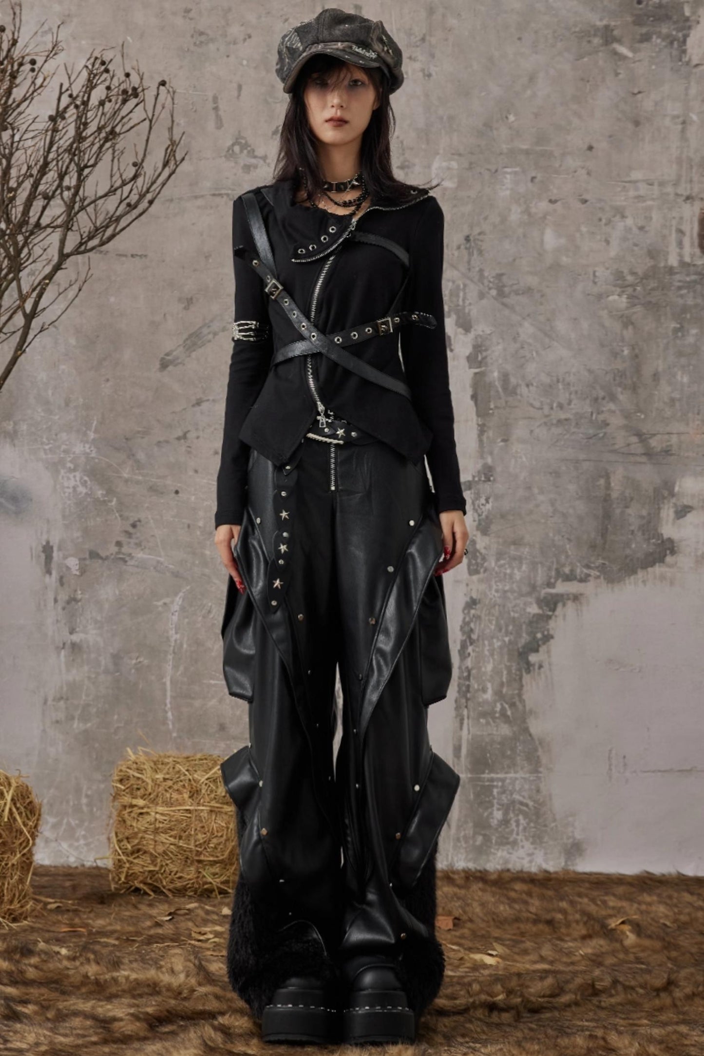 Autumn Punk Wide-Leg Leather Pants