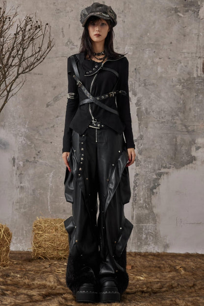 Autumn Punk Wide-Leg Leather Pants