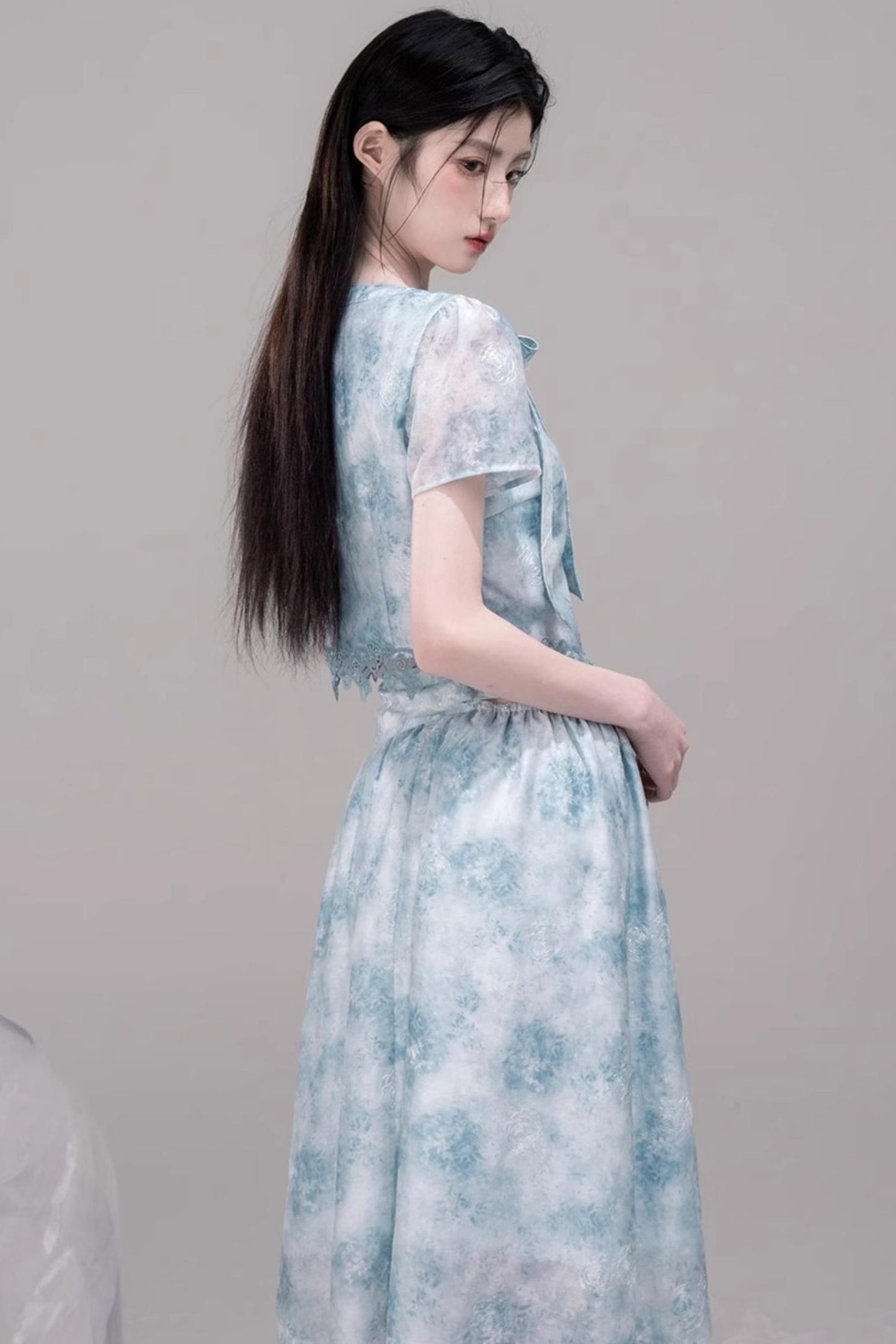 Blue Bow-Collar Shirt & Cutout Skirt Set