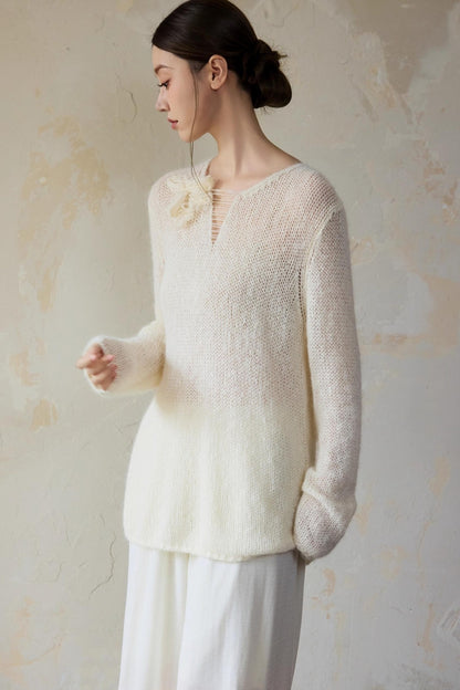 White Alpaca Wool Flower Sweater