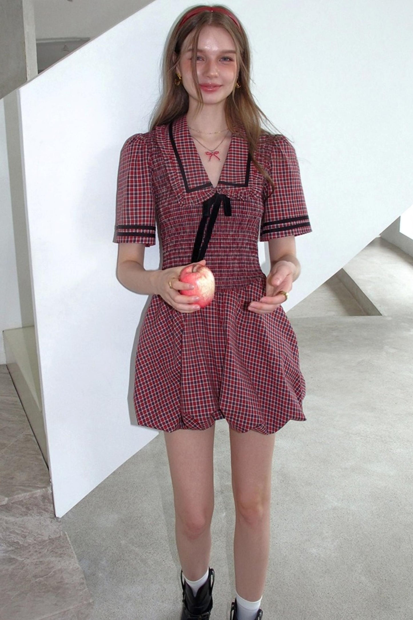 Plaid V-neck Bow Bubble A-Line Bud Dress