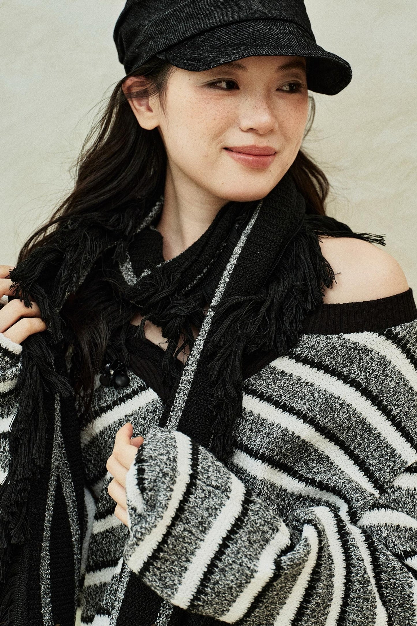 Striped V-Neck Knitted Top & Scarf Set