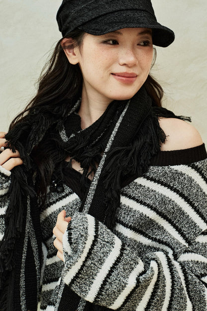 Striped V-Neck Knitted Top & Scarf Set