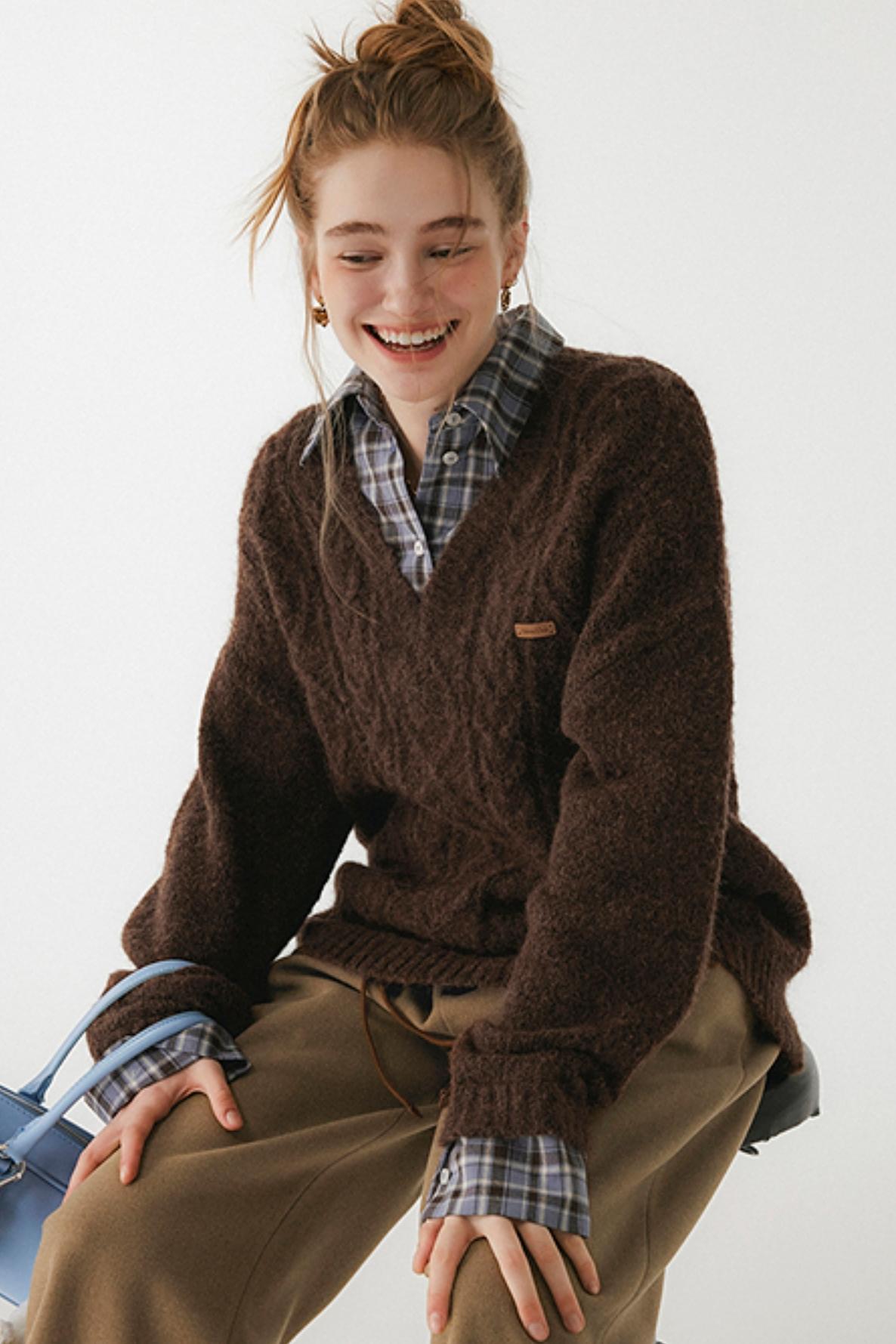 Brown Fake Two-Piece Plaid Shirt