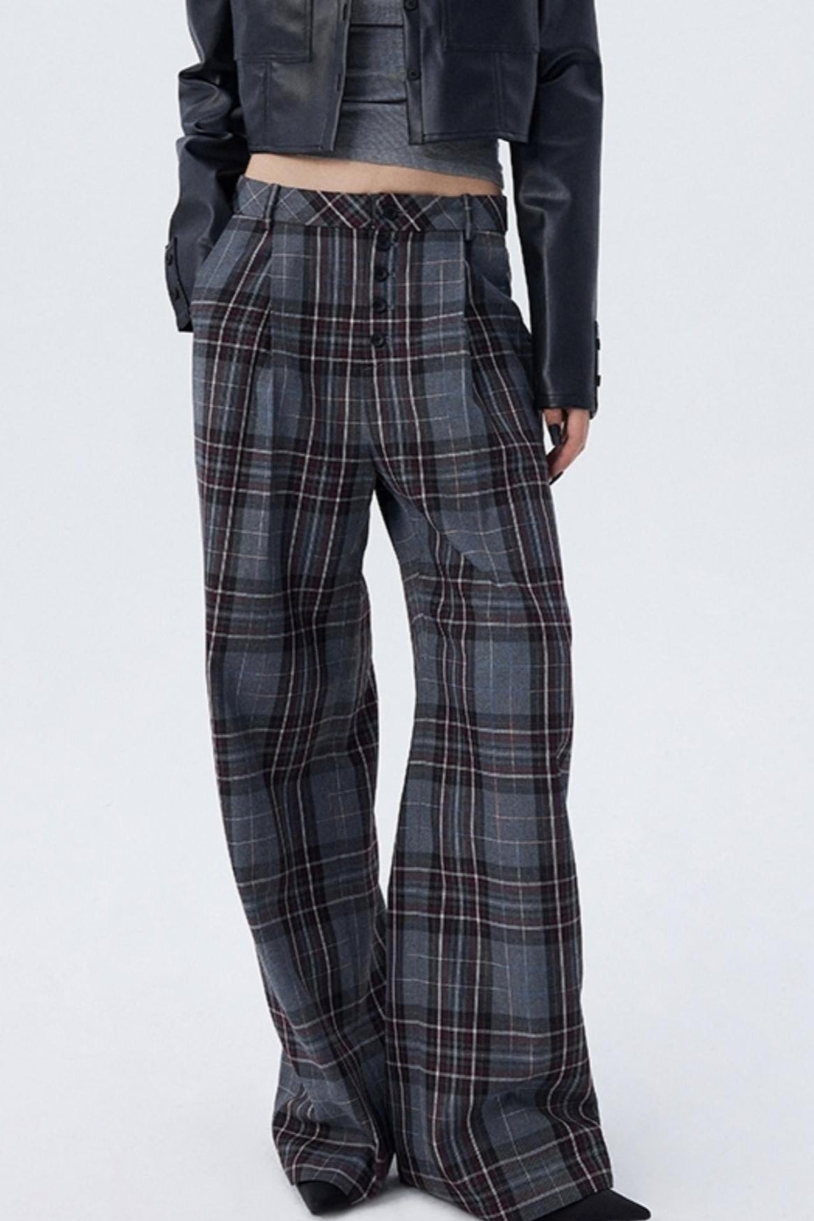 Check Pleated Wide-Leg Trousers