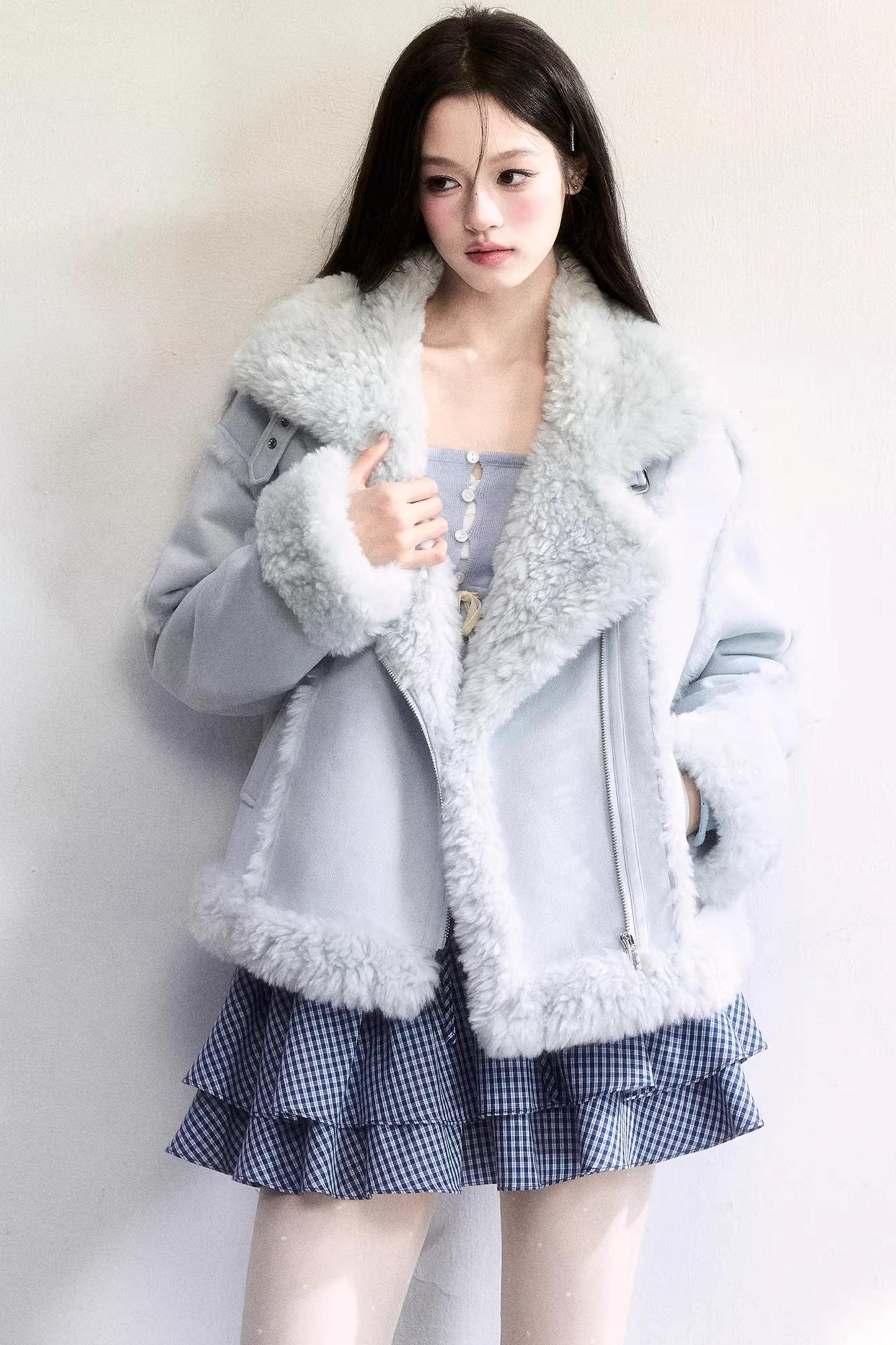Mint Blue Patchwork Fur Jacket Set