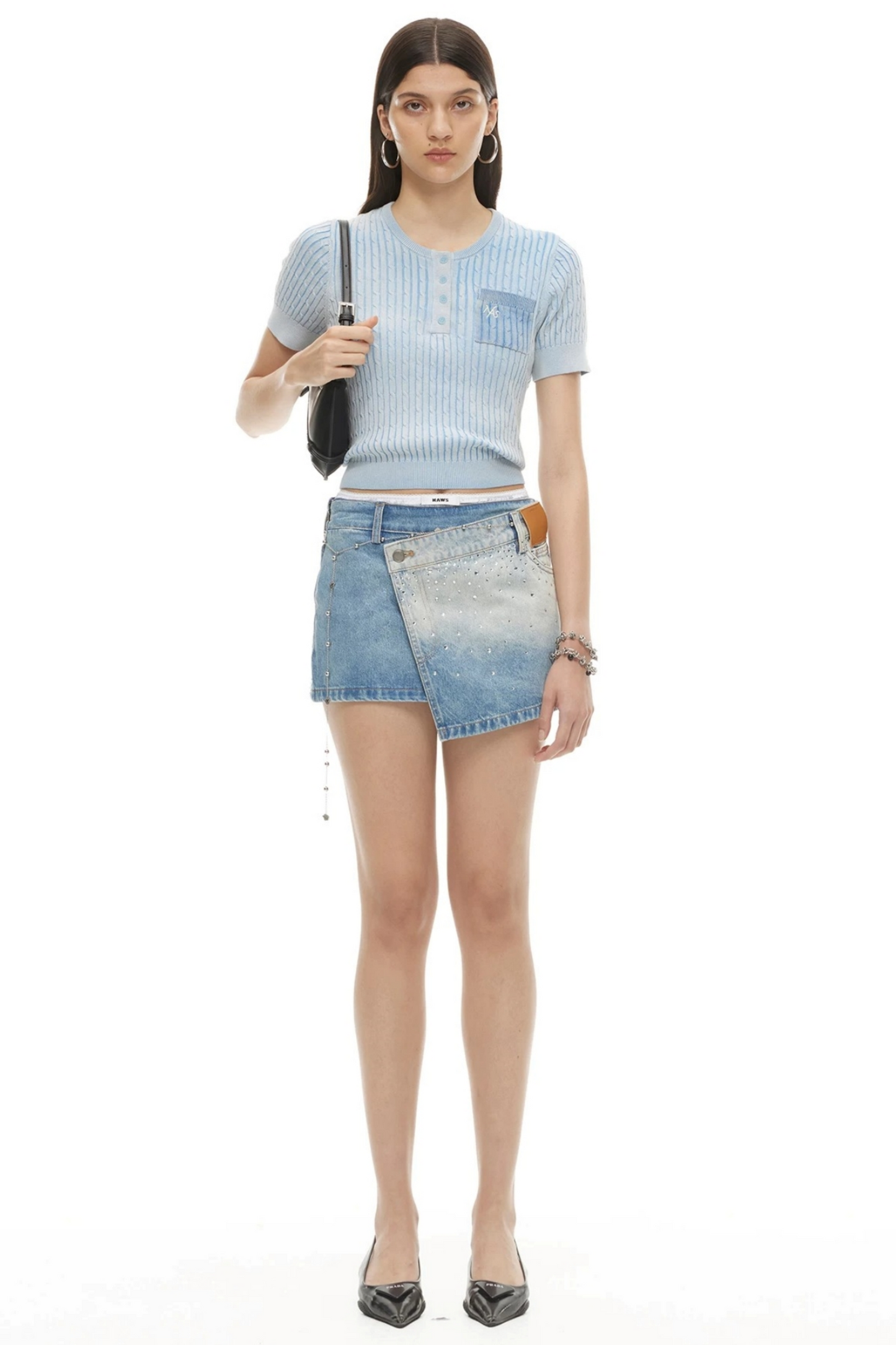 Color-Block Denim Crew Neck Top