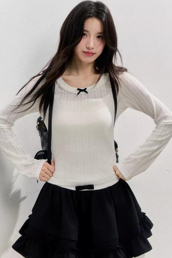Cream Hollow Knit Long-Sleeved T-Shirt