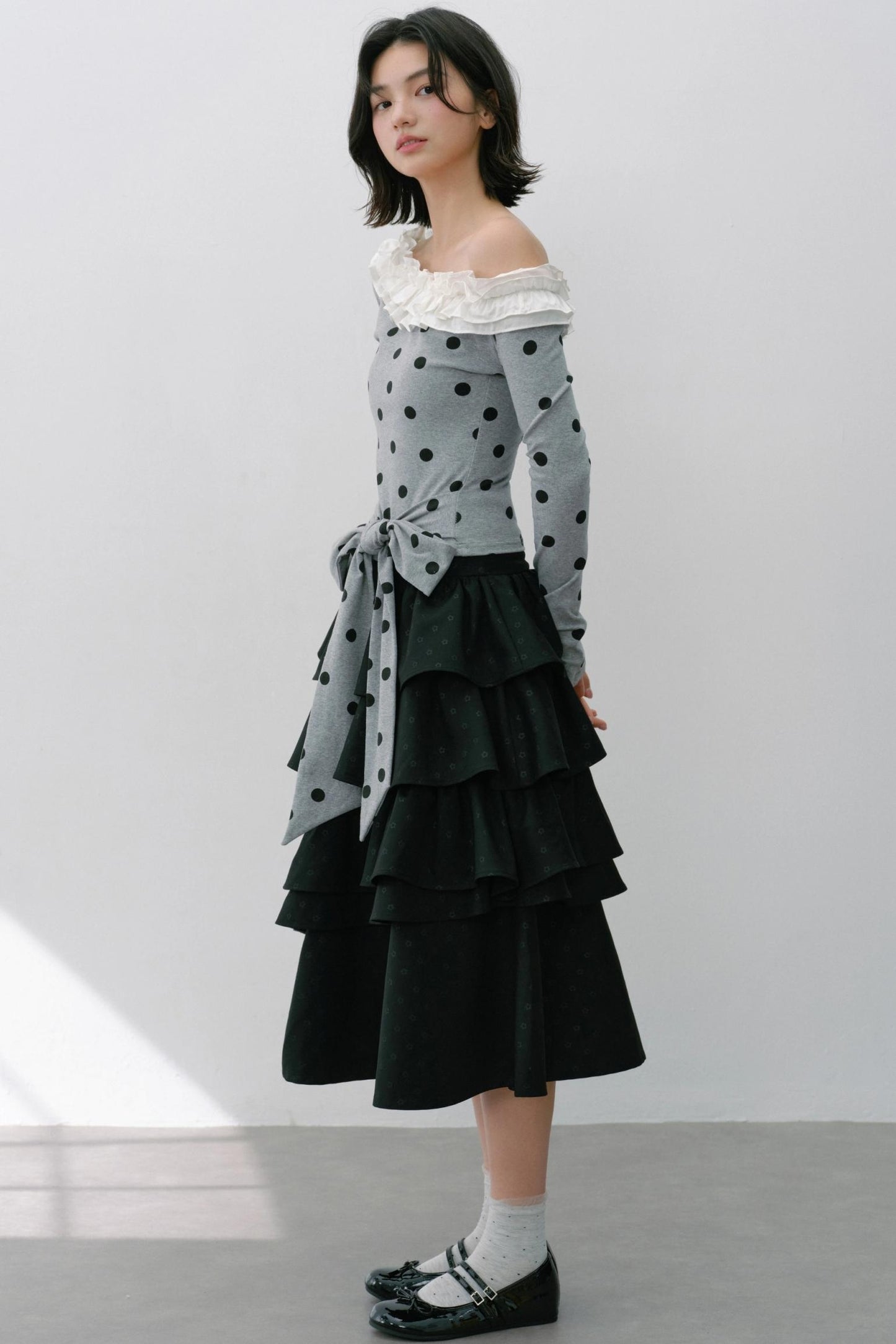 Slanted Polka Dot Long-Sleeved T-Shirt